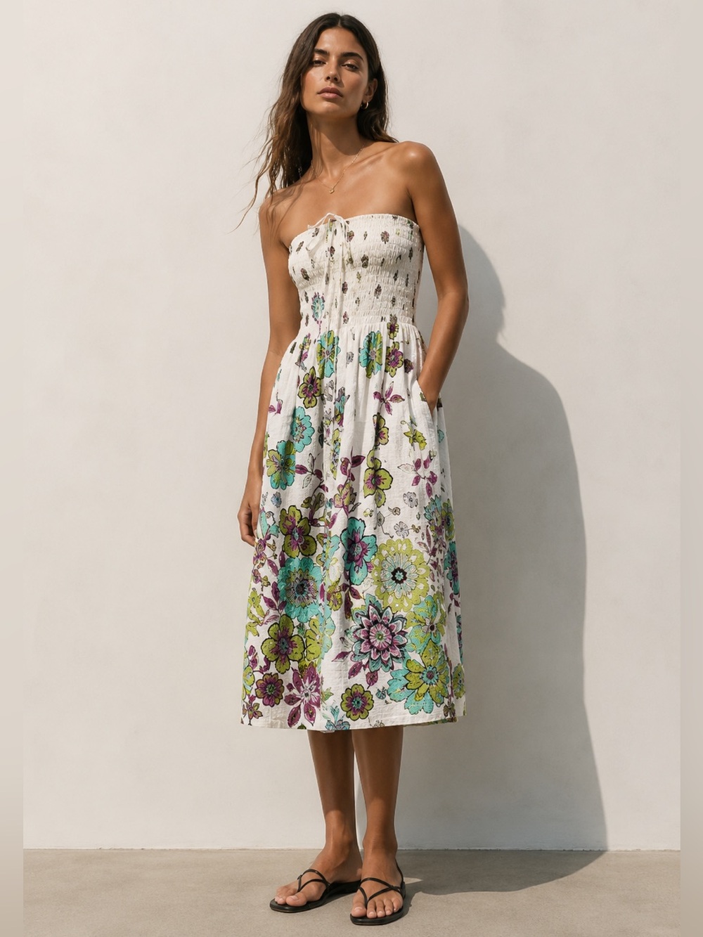 Strapless Smocked Midi Printed Cotton Beach Dress / Cover Up